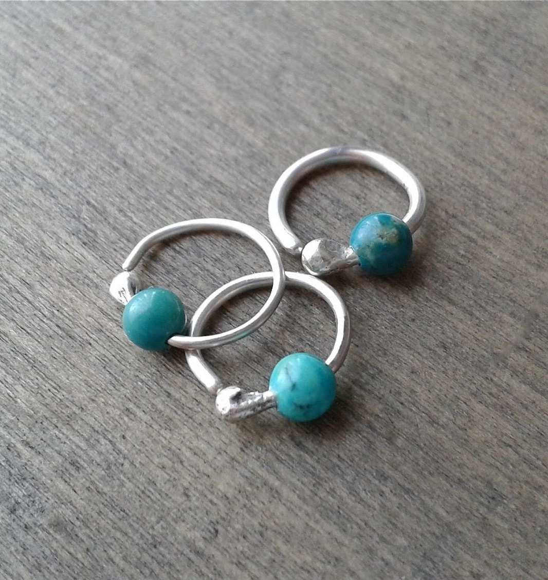 Silver hoops with turquoise for tragus, daith, and more